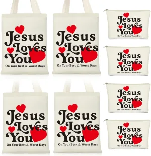 Paterr 8 Pcs Christian Gifts for Women Include 4 Jesus Loves You Canvas Tote Bags 4 Cosmetic Bags with Zipper Christian Bible Bags for Religious Baptism Church Gifts