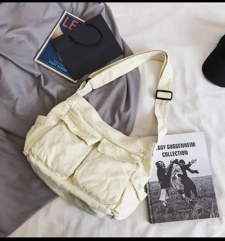 Pbkabiug Canvas Crossbody Bag Large Messenger Bags Travel Shoulder Bag Multi-pocket Casual Tote Bag for Women and Men