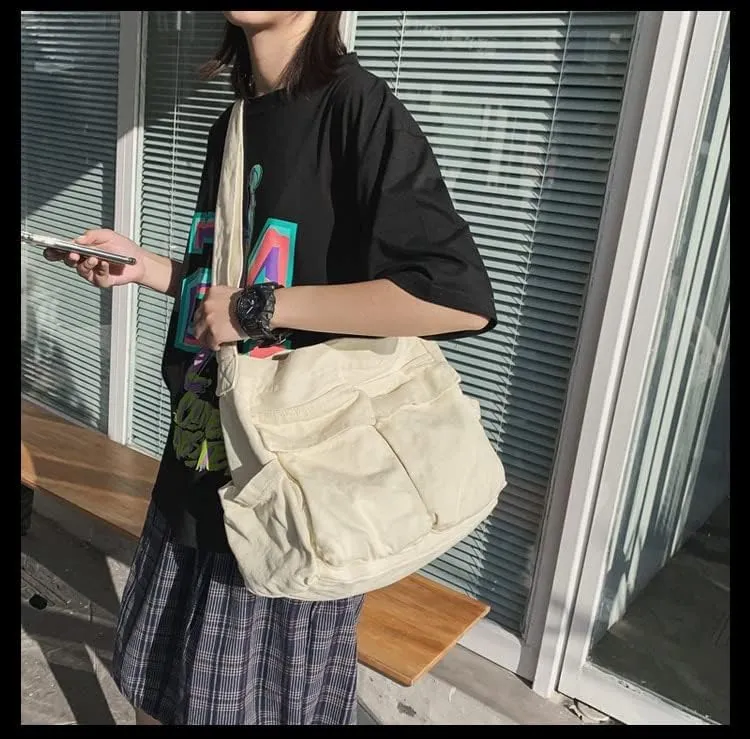 Pbkabiug Canvas Crossbody Bag Large Messenger Bags Travel Shoulder Bag Multi-pocket Casual Tote Bag for Women and Men