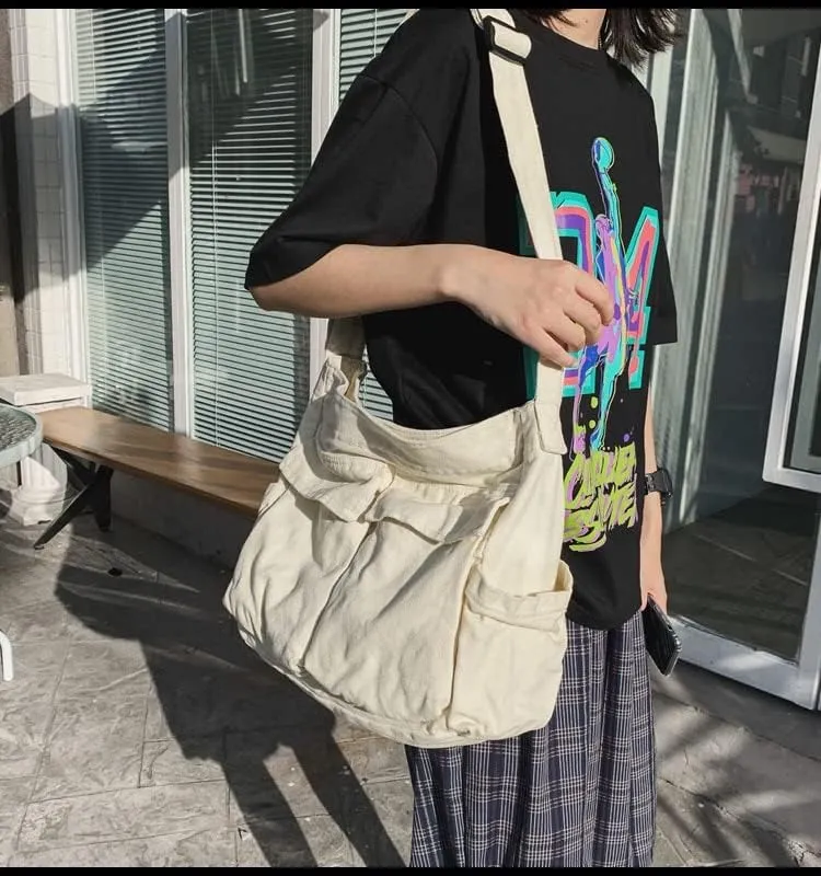 Pbkabiug Canvas Crossbody Bag Large Messenger Bags Travel Shoulder Bag Multi-pocket Casual Tote Bag for Women and Men