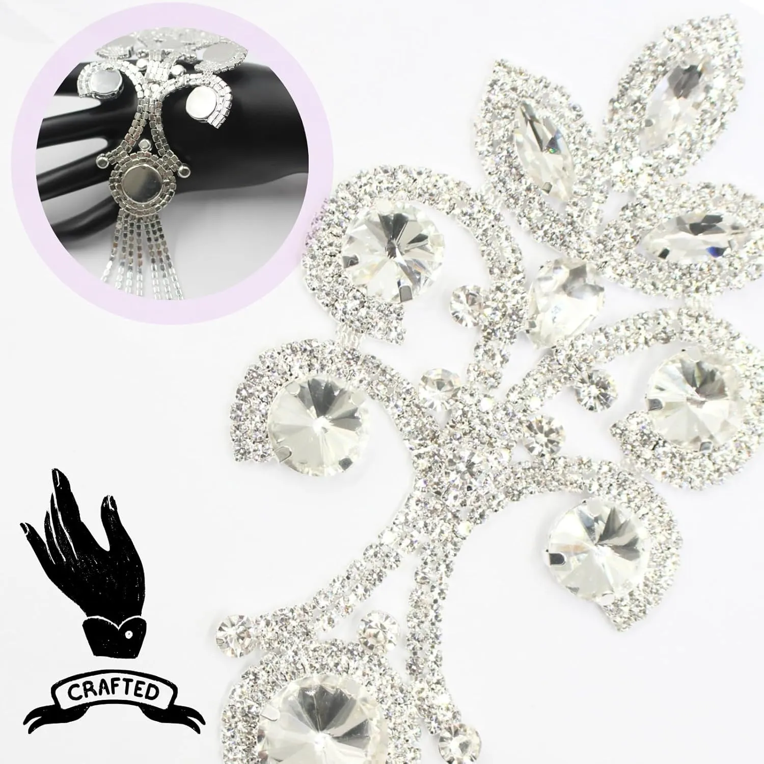 PEARLY JUN Rhinestone Applique Patches Silver Diamond Epaulettes Shoulder Trim Fringe Patches for Dresses Hand Sewing Craft Projects DIY Wedding Clothes Shoes Hats Bag Embellishments