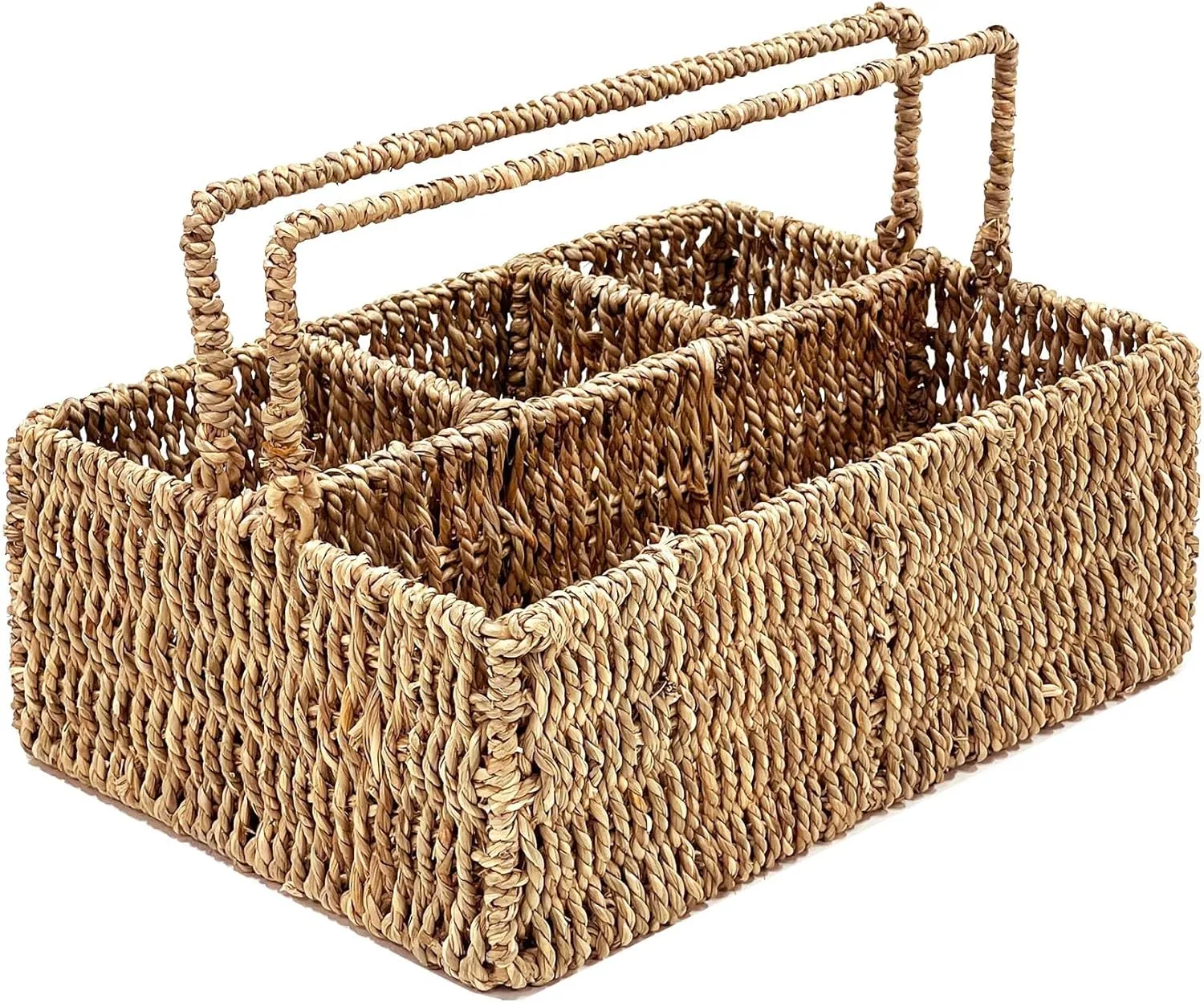 PEMAR Large L-Sized Hand Woven Utensil Caddy Carrier, Natural Jute Wicker Condiment Holder for Table, Kitchen Set Counter Top Silverware Organizer, Rustic Storage Forks, Spoons (Seagrass)