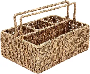 PEMAR Large L-Sized Hand Woven Utensil Caddy Carrier, Natural Jute Wicker Condiment Holder for Table, Kitchen Set Counter Top Silverware Organizer, Rustic Storage Forks, Spoons (Seagrass)