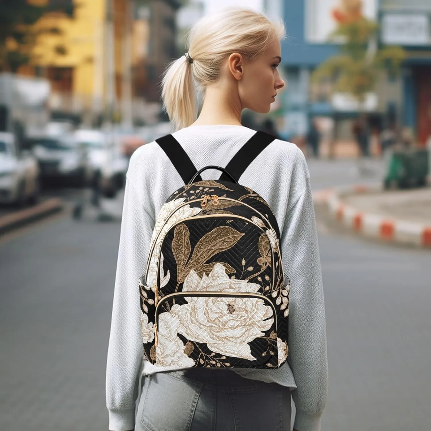 Peony and Rose Flower Mini Backpack for Women, Travel Backpack Purse for Ladies Fashion Shoulder Bag Daypack Travel Bag