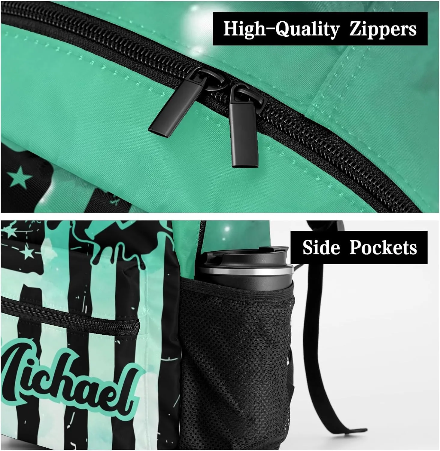 Personalized Cheer Cheerleaders Watercolor Green Flags Bags with Name Bag Waterproof Backpack Unisex Schoolbag Gift Casual Pack for Student Boys Girls