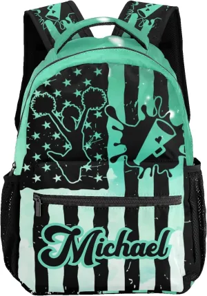 Personalized Cheer Cheerleaders Watercolor Green Flags Bags with Name Bag Waterproof Backpack Unisex Schoolbag Gift Casual Pack for Student Boys Girls