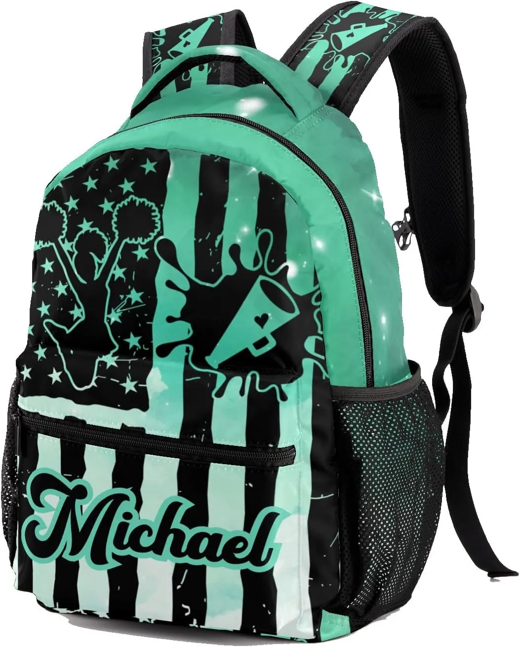 Personalized Cheer Cheerleaders Watercolor Green Flags Bags with Name Bag Waterproof Backpack Unisex Schoolbag Gift Casual Pack for Student Boys Girls
