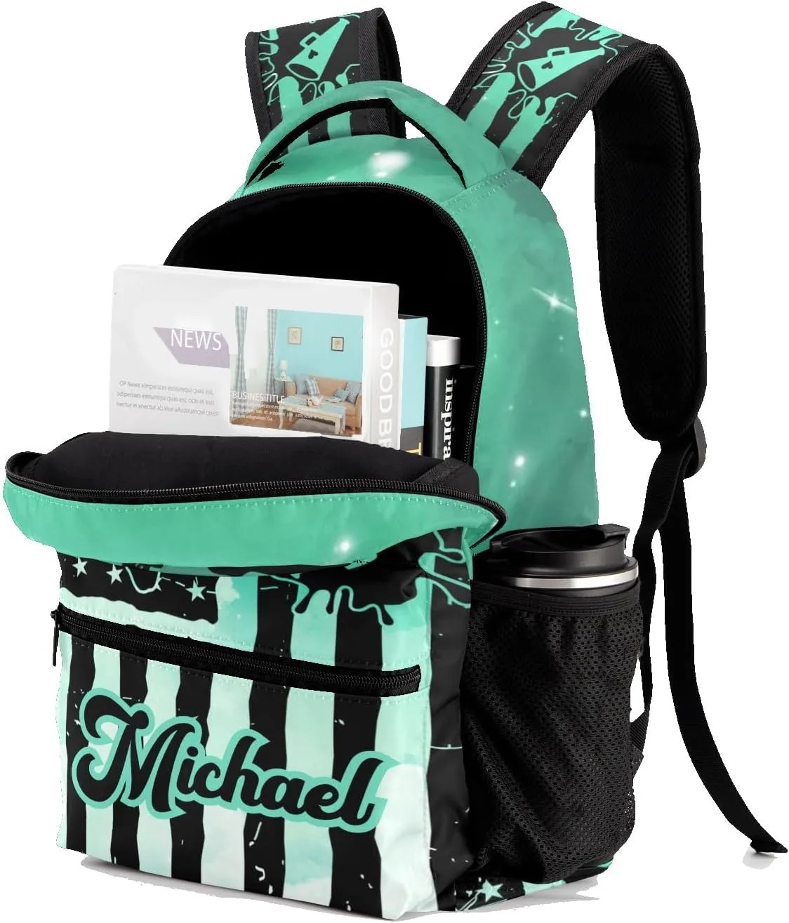 Personalized Cheer Cheerleaders Watercolor Green Flags Bags with Name Bag Waterproof Backpack Unisex Schoolbag Gift Casual Pack for Student Boys Girls
