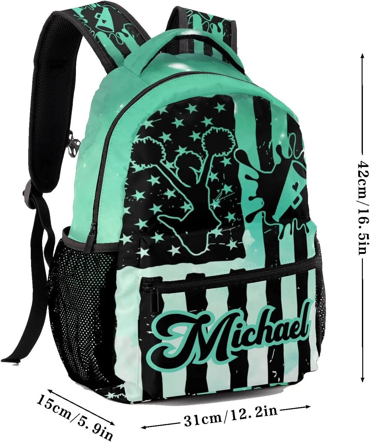 Personalized Cheer Cheerleaders Watercolor Green Flags Bags with Name Bag Waterproof Backpack Unisex Schoolbag Gift Casual Pack for Student Boys Girls