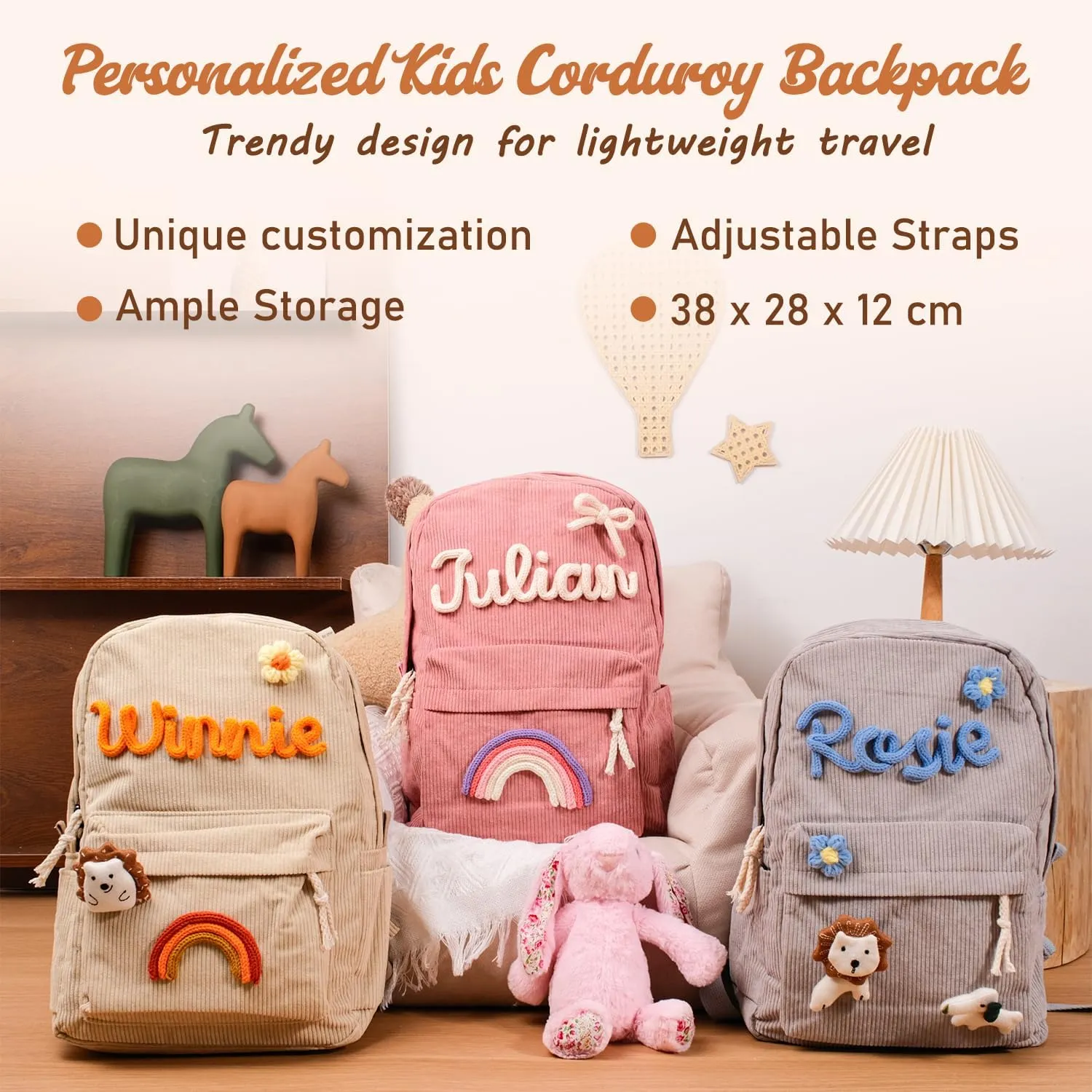 Personalized Corduroy Backpack Casual Kids Backpack Lightweight Travel Daypack Custom School Book Bag with Name Laptop Backpacks Toddler Shoulder Bag