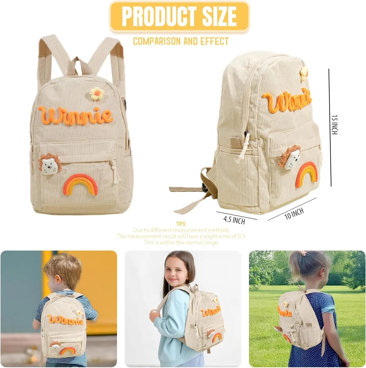 Personalized Corduroy Backpack with Kids Name, Custom Shoulder Bag, Travel Lightweight Laptop Daypack for College