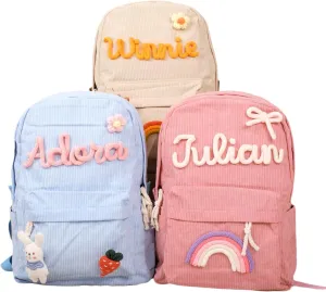 Personalized Corduroy Backpack with Kids Name, Custom Shoulder Bag, Travel Lightweight Laptop Daypack for College