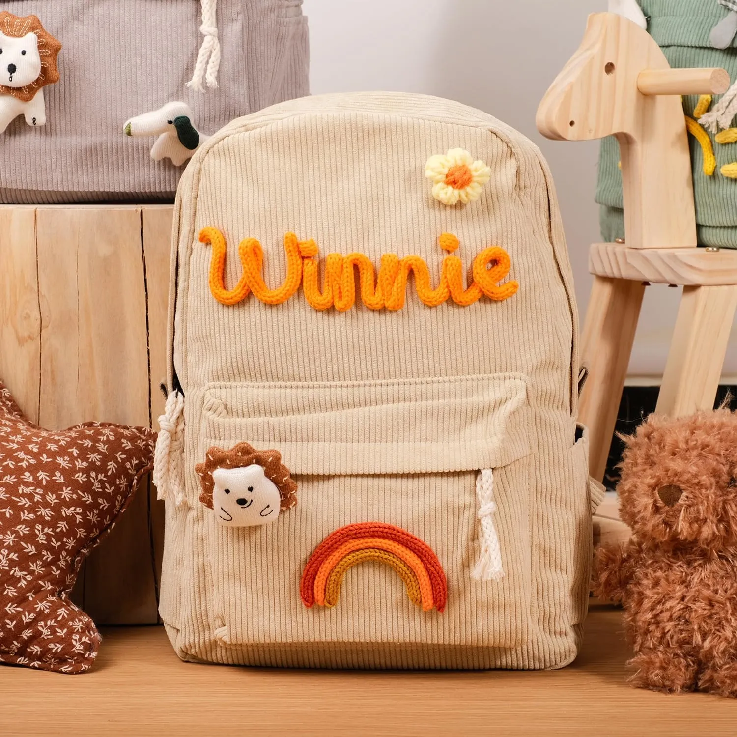 Personalized Corduroy Backpack with Kids Name, Custom Shoulder Bag, Travel Lightweight Laptop Daypack for College