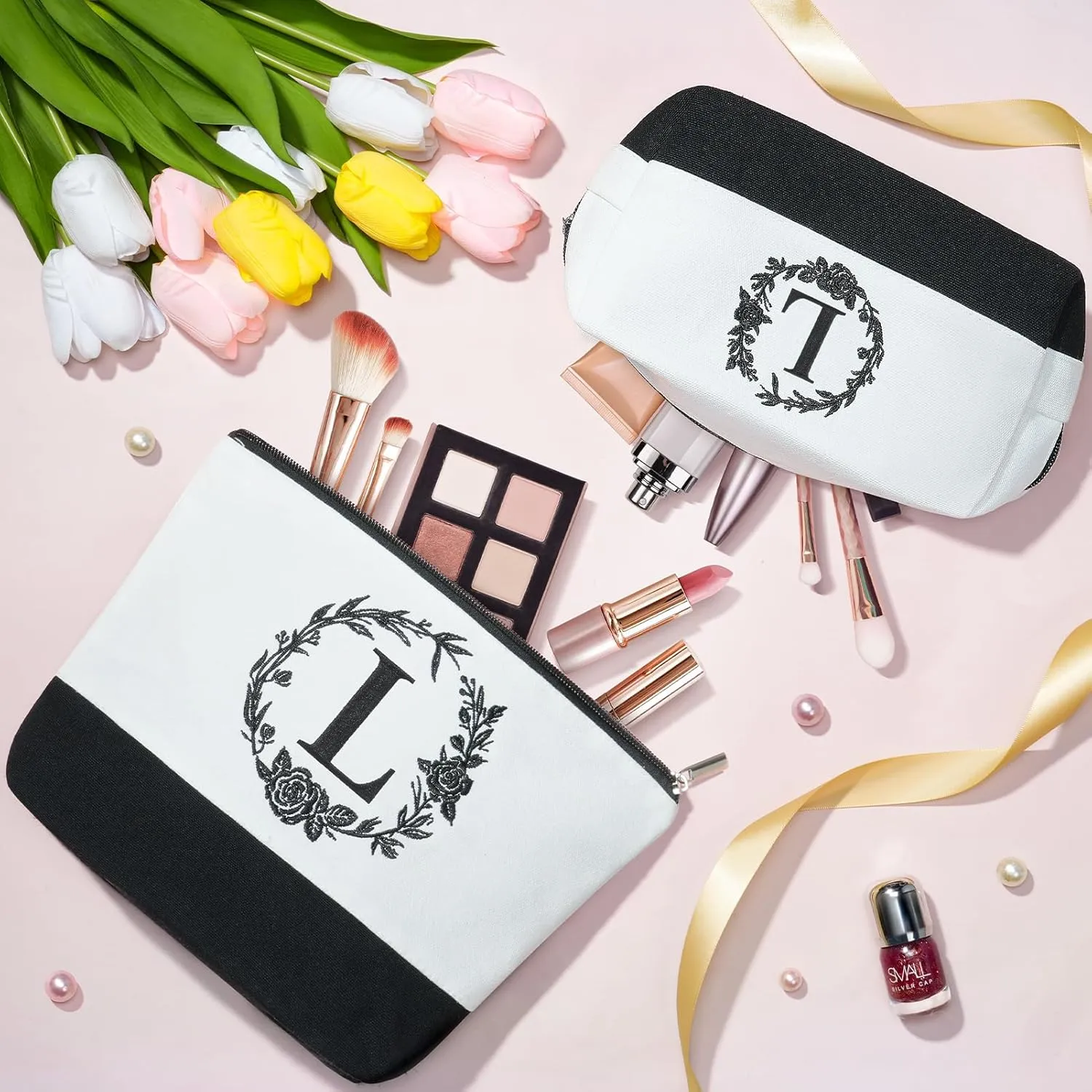 Personalized Mothers Day Gifts for Mom Women, Initial Canvas Tote Bag & Makeup Bag Monogrammed Beach Tote Bag for Women w/Zipper, Birthday Gifts for Her Sister Friend Girlfriend Wife Daughter Teacher