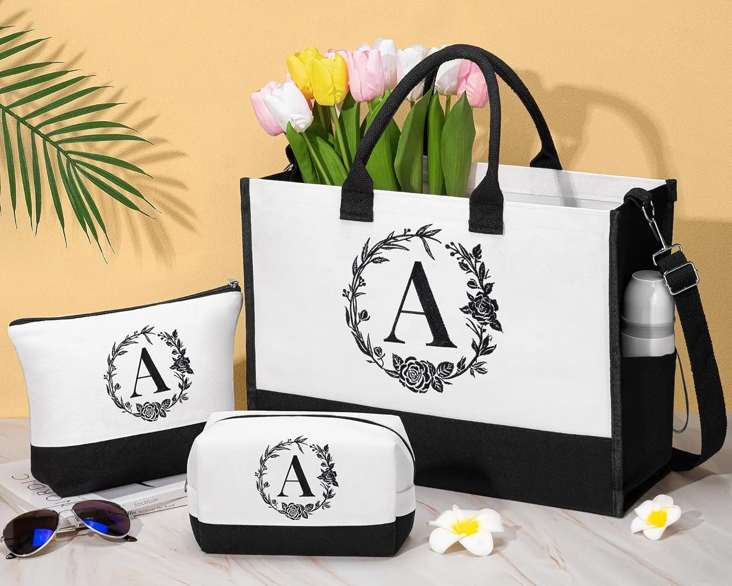 Personalized Mothers Day Gifts for Mom Women, Initial Canvas Tote Bag & Makeup Bag Monogrammed Beach Tote Bag for Women w/Zipper, Birthday Gifts for Her Sister Friend Girlfriend Wife Daughter Teacher