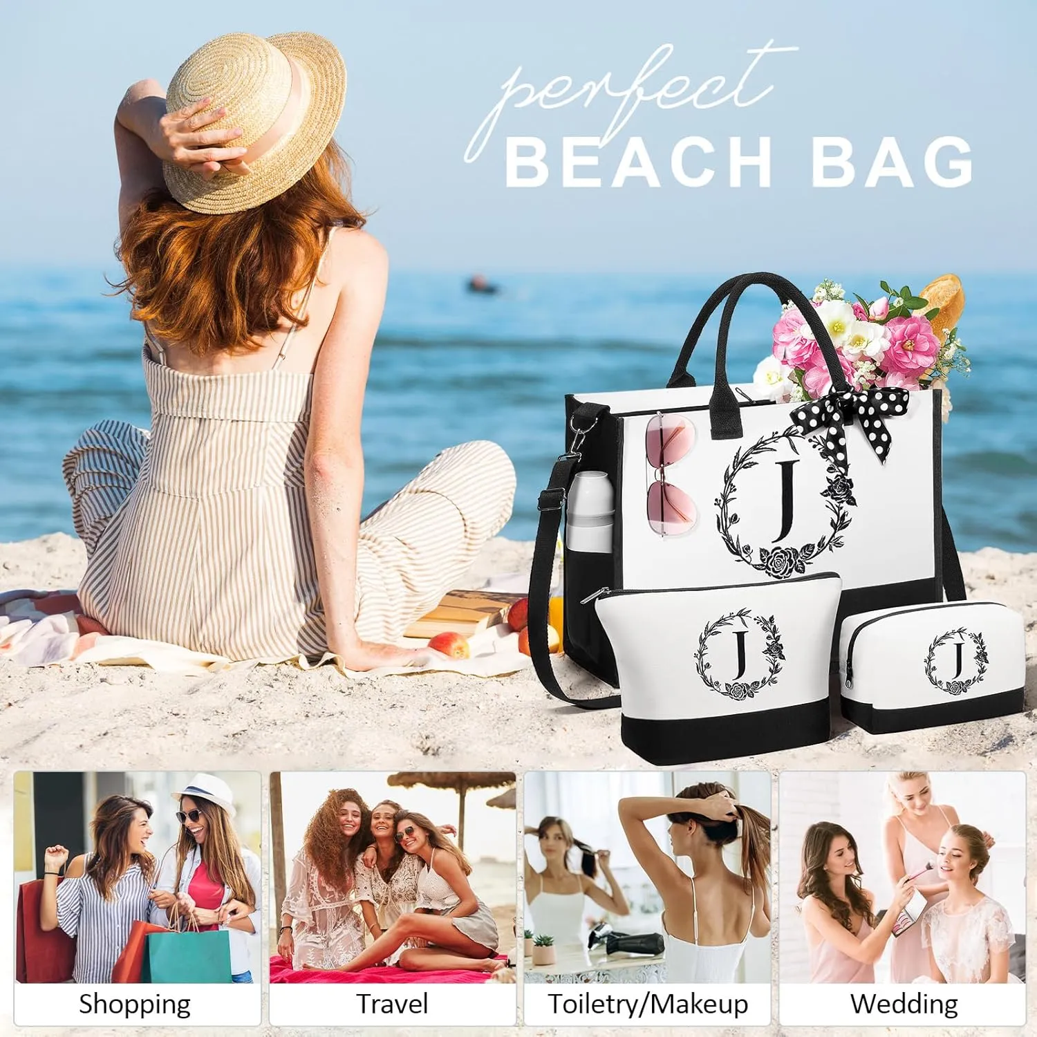 Personalized Mothers Day Gifts for Mom Women, Initial Canvas Tote Bag & Makeup Bag Monogrammed Beach Tote Bag for Women w/Zipper, Birthday Gifts for Her Sister Friend Girlfriend Wife Daughter Teacher