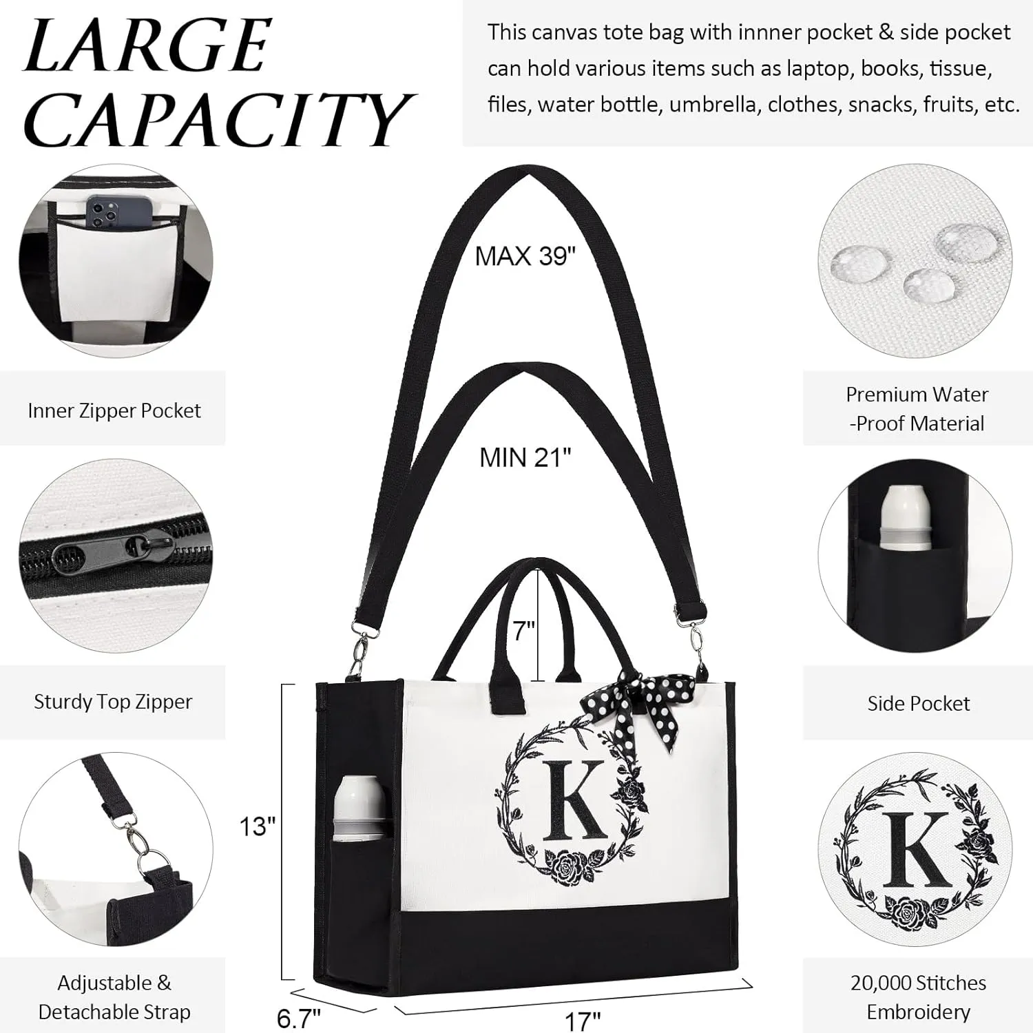 Personalized Mothers Day Gifts for Mom Women, Initial Canvas Tote Bag & Makeup Bag Monogrammed Beach Tote Bag for Women w/Zipper, Birthday Gifts for Her Sister Friend Girlfriend Wife Daughter Teacher