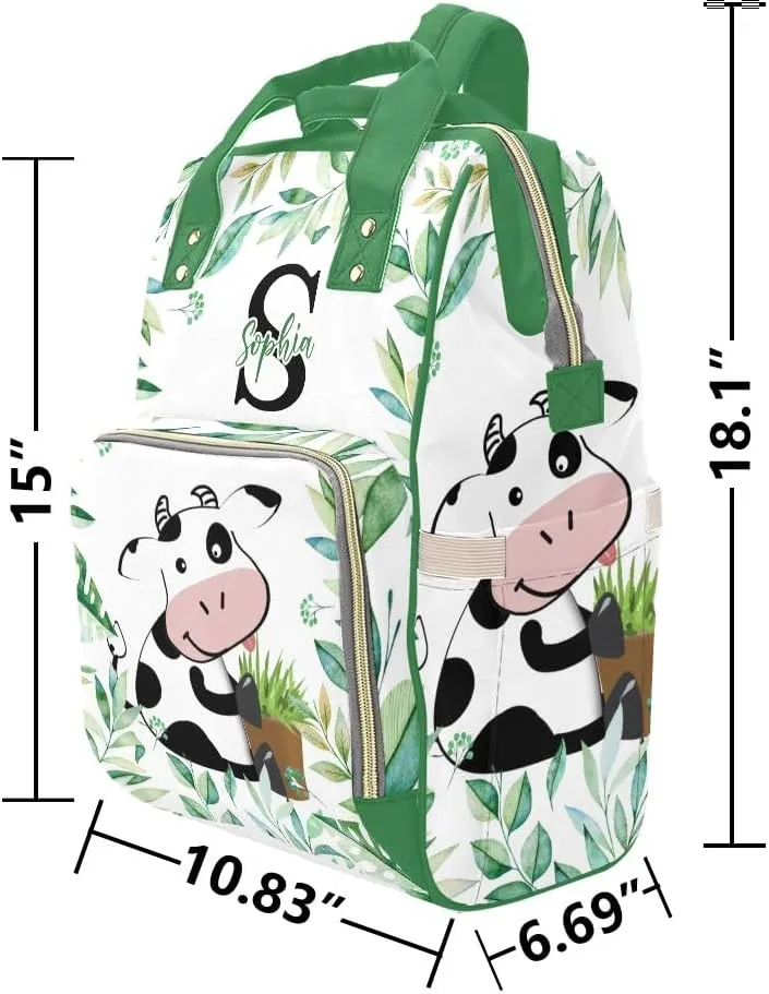 Personalized Name Diaper Bag Backpack Floral Leaves Cow Multifunction Travel Backpack Nappy Bag Daypack for Mom Dad Boy Girl