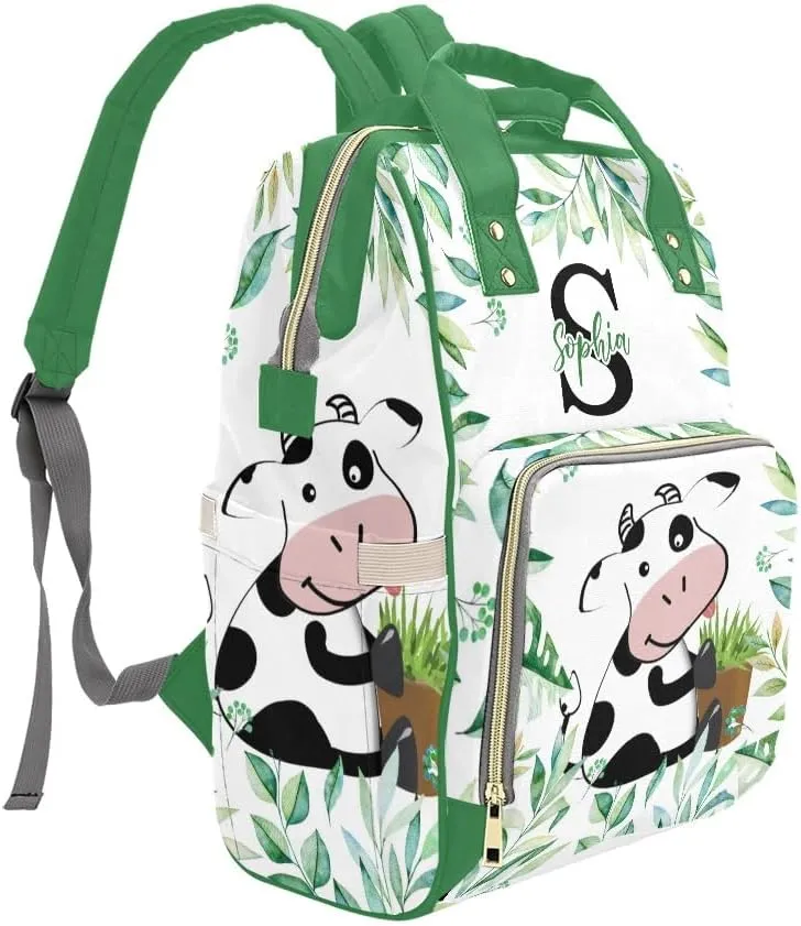 Personalized Name Diaper Bag Backpack Floral Leaves Cow Multifunction Travel Backpack Nappy Bag Daypack for Mom Dad Boy Girl