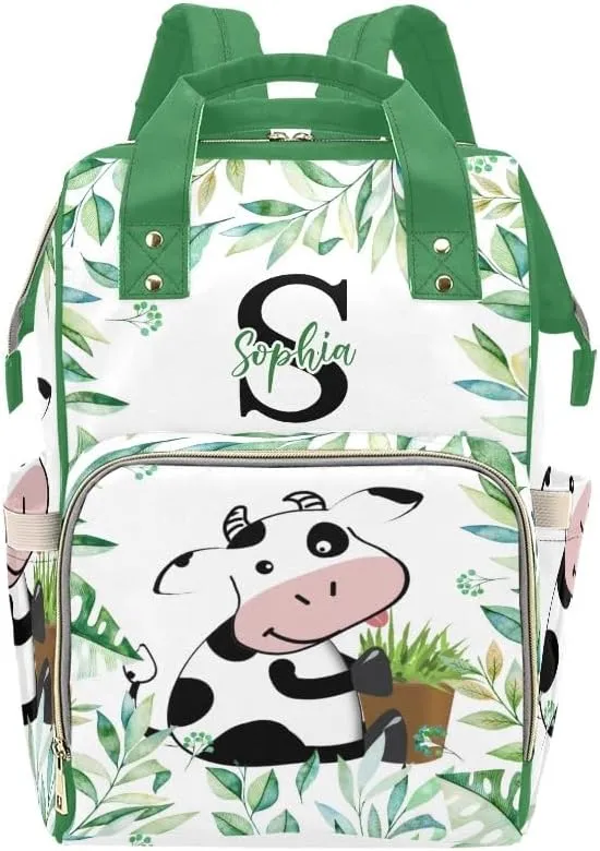Personalized Name Diaper Bag Backpack Floral Leaves Cow Multifunction Travel Backpack Nappy Bag Daypack for Mom Dad Boy Girl