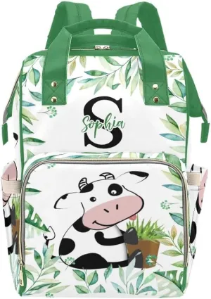 Personalized Name Diaper Bag Backpack Floral Leaves Cow Multifunction Travel Backpack Nappy Bag Daypack for Mom Dad Boy Girl