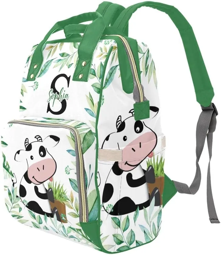 Personalized Name Diaper Bag Backpack Floral Leaves Cow Multifunction Travel Backpack Nappy Bag Daypack for Mom Dad Boy Girl