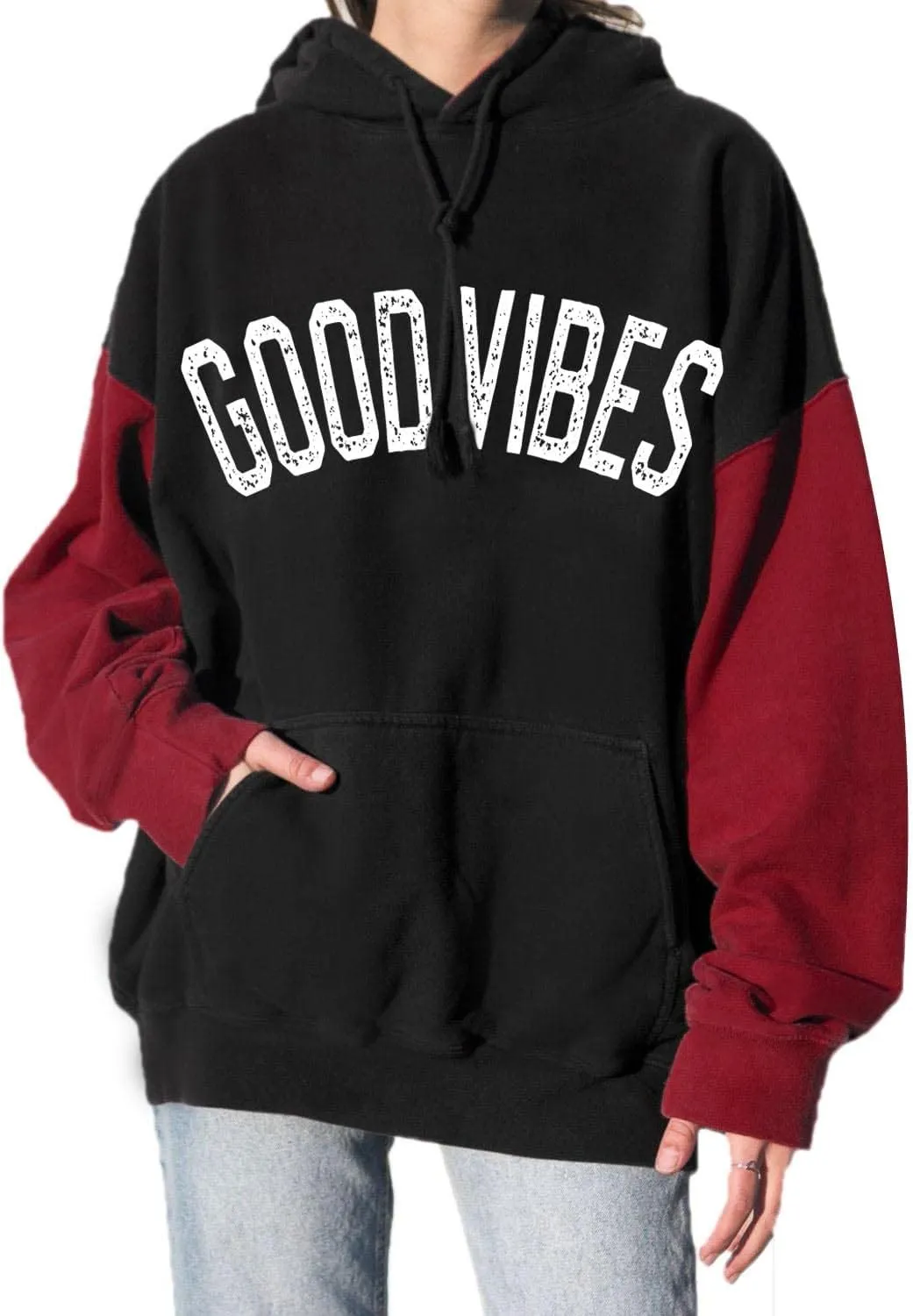 PESION Womens Pullover Hoodies Oversized Graphic Color Block Novelty Hoodie Sweatshirts with Pockets