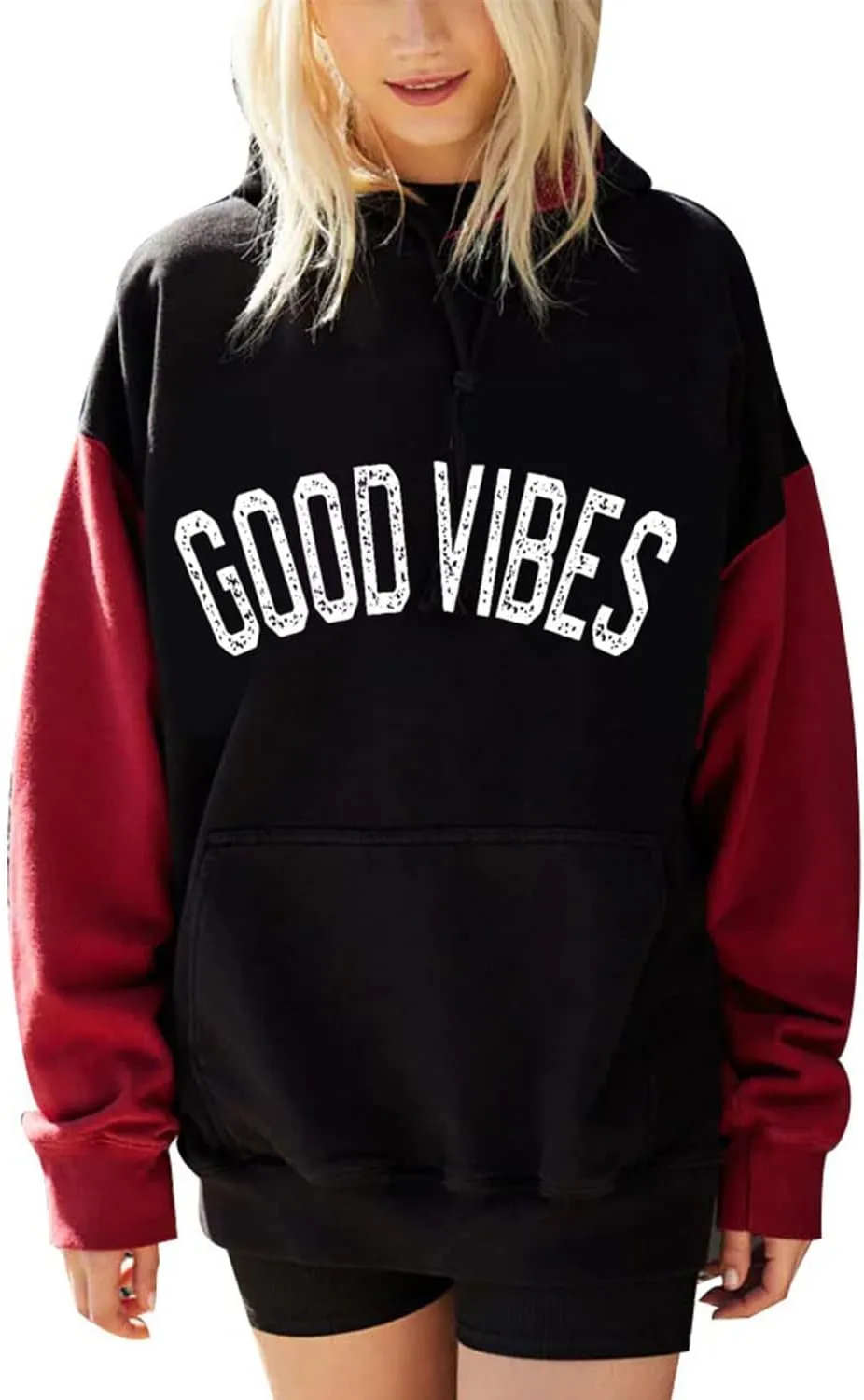 PESION Womens Pullover Hoodies Oversized Graphic Color Block Novelty Hoodie Sweatshirts with Pockets