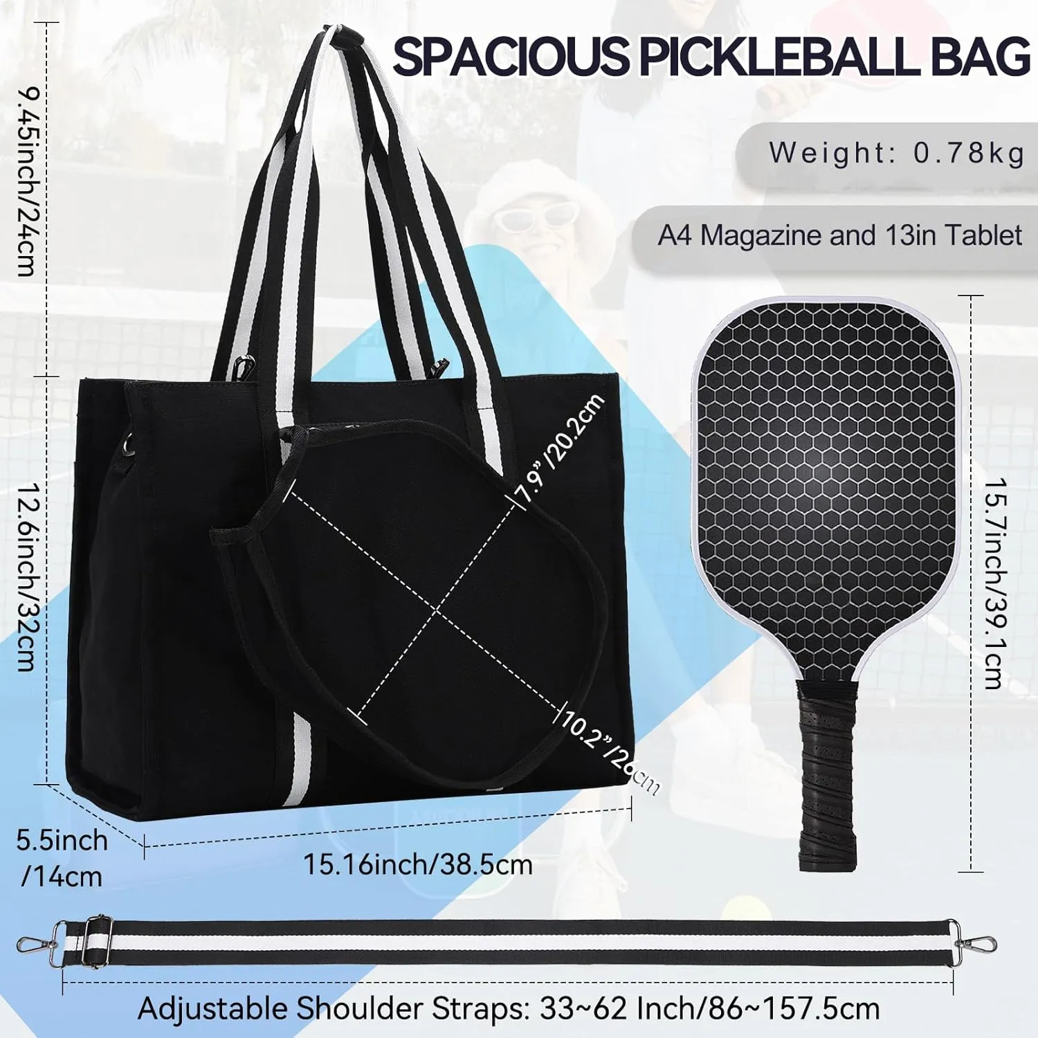 Pickleball Tote Bags for Women with Fence Hook,Vaschy Canvas Pickleball Paddle Holder Case Work/Gym/Sports Tote for 2 Rackets