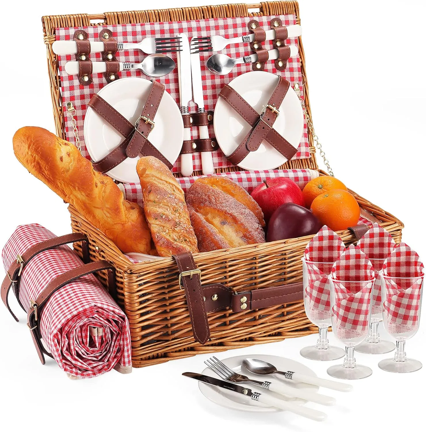 Picnic Basket for 4 Persons with Waterproof Picnic Blanket and Insulated Cooler, Large Wicker Picnic Basket for Camping, Outdoors, Valentine's Day, Christmas, Birthday, Wedding Gift
