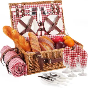 Picnic Basket for 4 Persons with Waterproof Picnic Blanket and Insulated Cooler, Large Wicker Picnic Basket for Camping, Outdoors, Valentine's Day, Christmas, Birthday, Wedding Gift