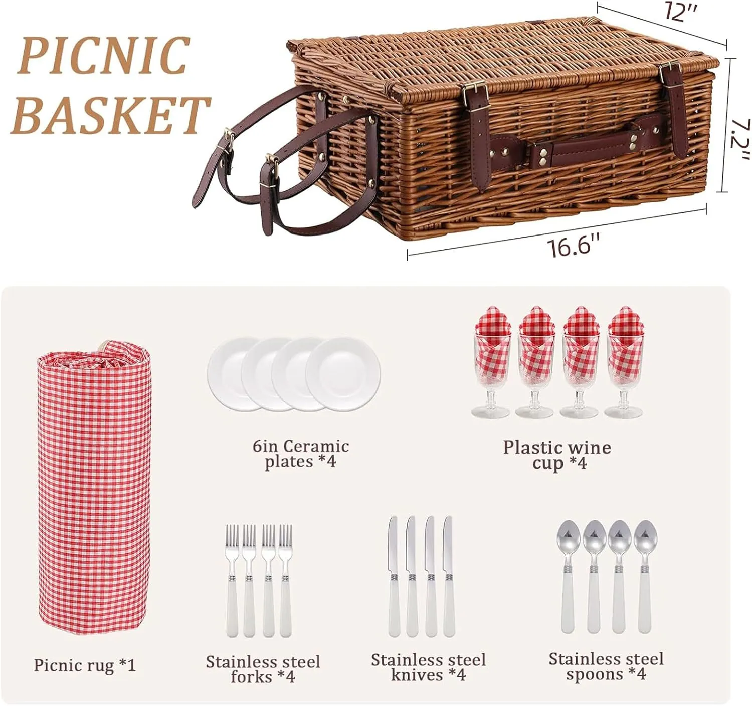 Picnic Basket for 4 Persons with Waterproof Picnic Blanket and Insulated Cooler, Large Wicker Picnic Basket for Camping, Outdoors, Valentine's Day, Christmas, Birthday, Wedding Gift