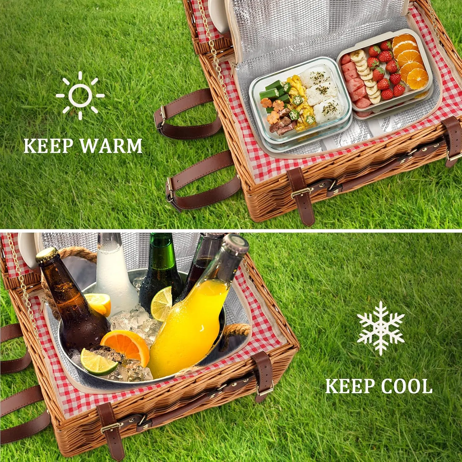 Picnic Basket for 4 Persons with Waterproof Picnic Blanket and Insulated Cooler, Large Wicker Picnic Basket for Camping, Outdoors, Valentine's Day, Christmas, Birthday, Wedding Gift