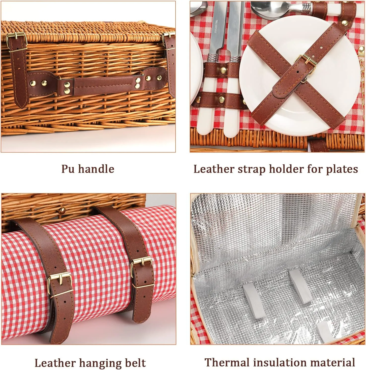 Picnic Basket for 4 Persons with Waterproof Picnic Blanket and Insulated Cooler, Large Wicker Picnic Basket for Camping, Outdoors, Valentine's Day, Christmas, Birthday, Wedding Gift