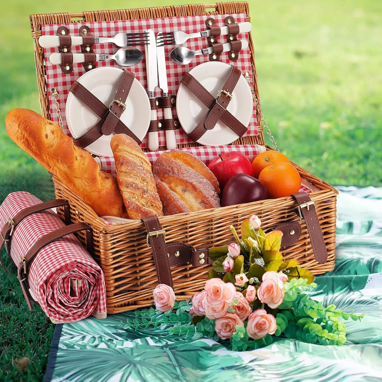 Picnic Basket for 4 Persons with Waterproof Picnic Blanket and Insulated Cooler, Large Wicker Picnic Basket for Camping, Outdoors, Valentine's Day, Christmas, Birthday, Wedding Gift