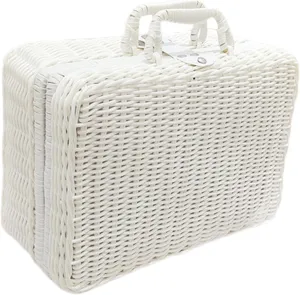 Picnic Basket,Rattan Suitcase Box, Lunch Box,Vintage Rattan Handbag for Nursery, Baby Closet, Diaper,Toys, White, L