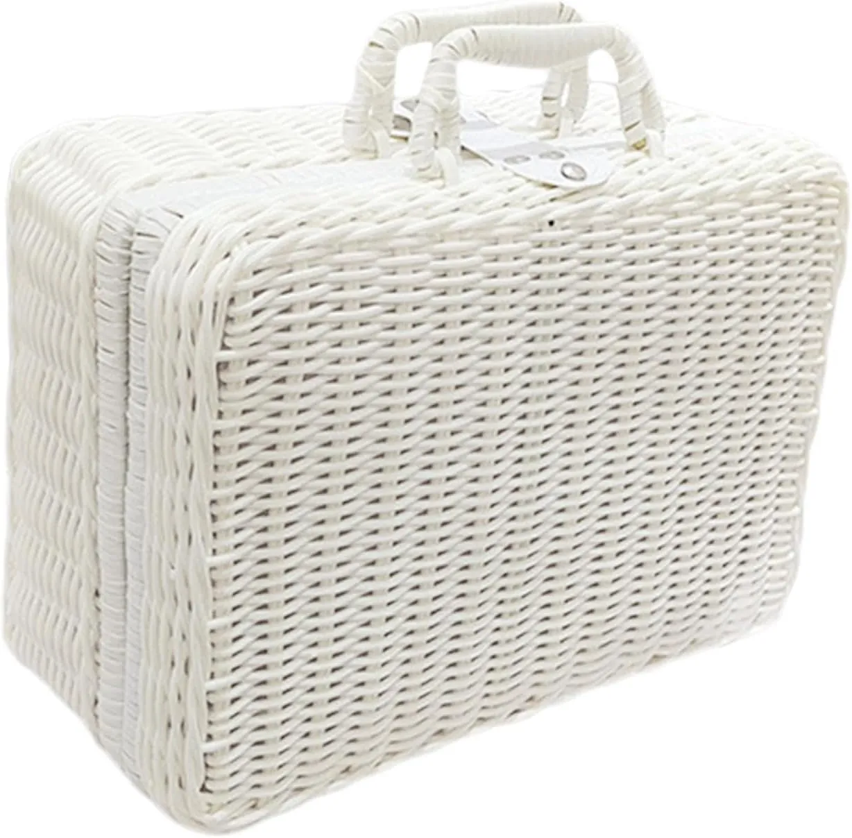 Picnic Basket,Rattan Suitcase Box, Lunch Box,Vintage Rattan Handbag for Nursery, Baby Closet, Diaper,Toys, White, L