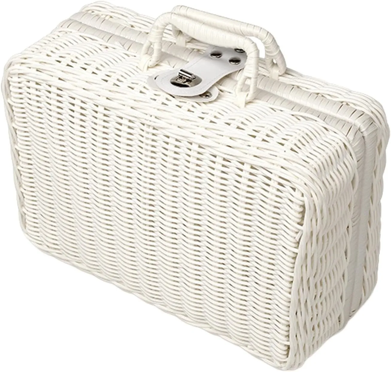Picnic Basket,Rattan Suitcase Box, Lunch Box,Vintage Rattan Handbag for Nursery, Baby Closet, Diaper,Toys, White, L