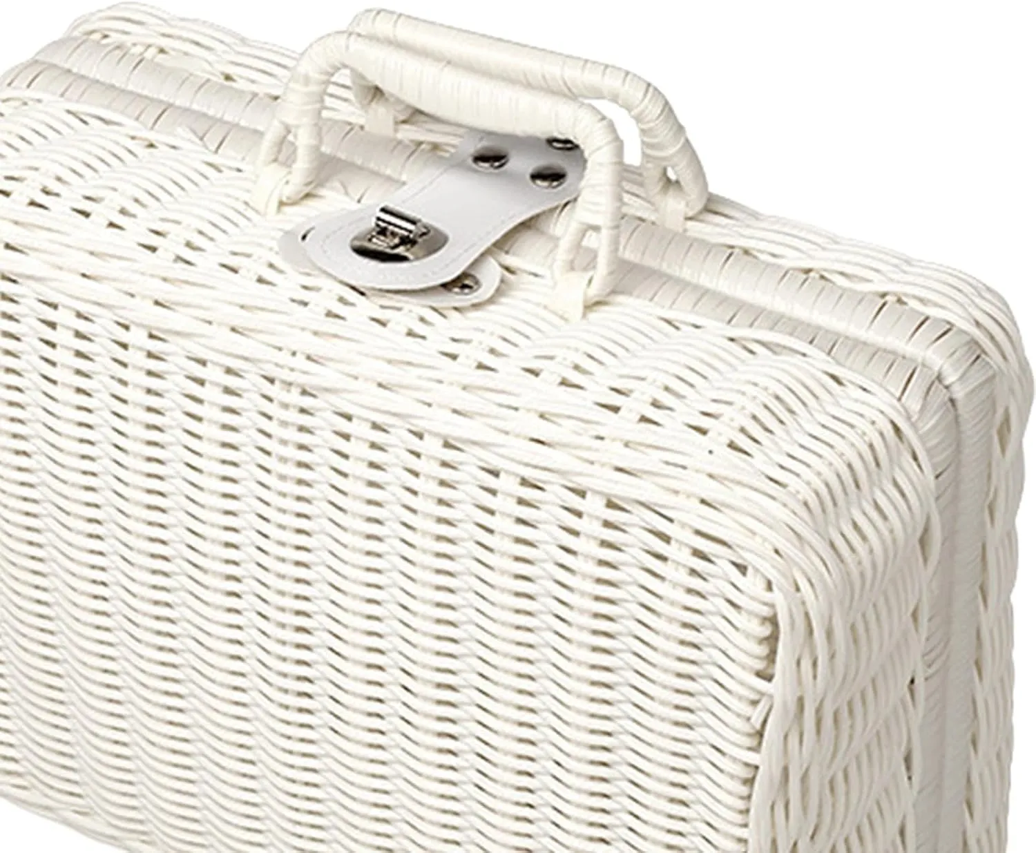 Picnic Basket,Rattan Suitcase Box, Lunch Box,Vintage Rattan Handbag for Nursery, Baby Closet, Diaper,Toys, White, L