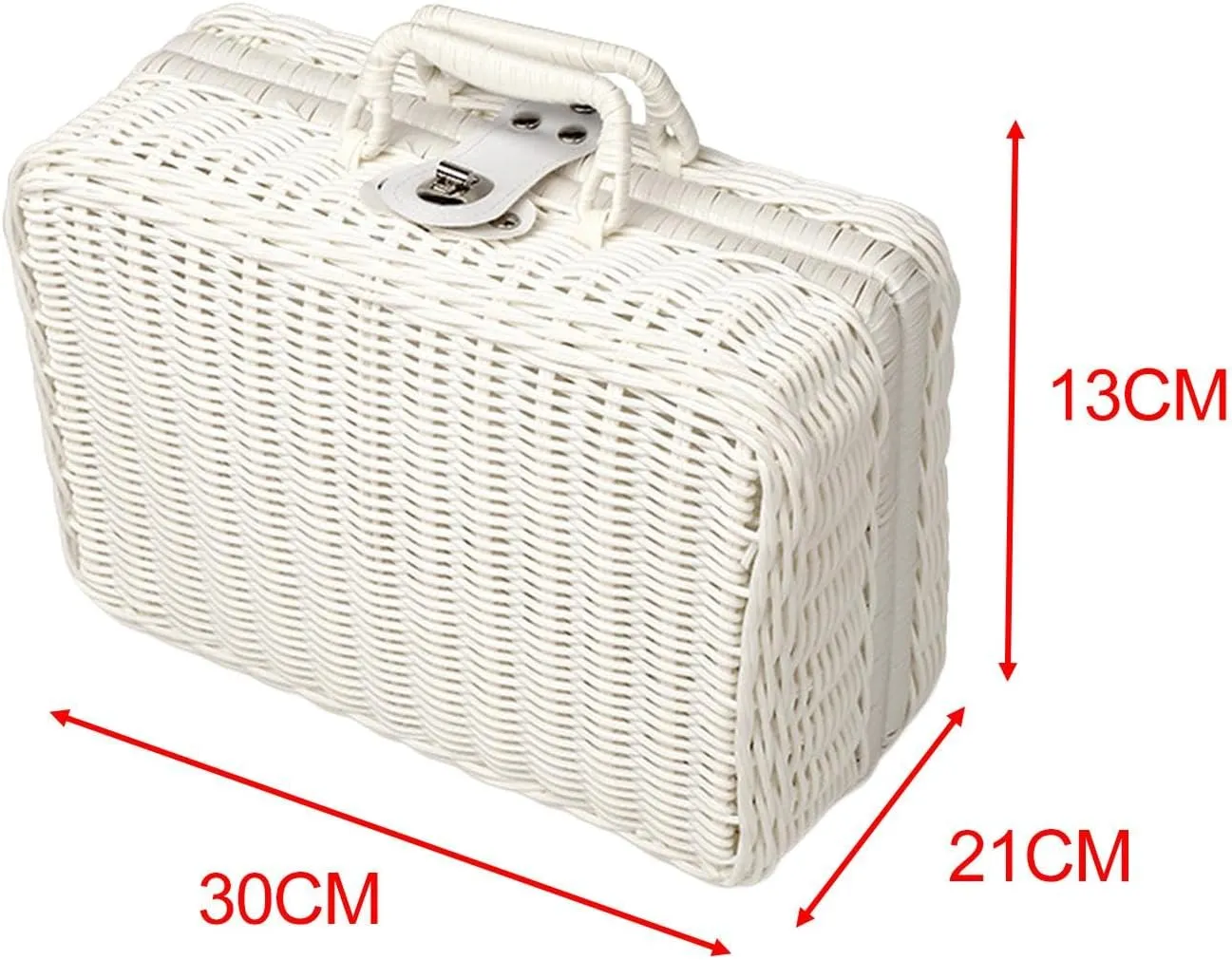 Picnic Basket,Rattan Suitcase Box, Lunch Box,Vintage Rattan Handbag for Nursery, Baby Closet, Diaper,Toys, White, L