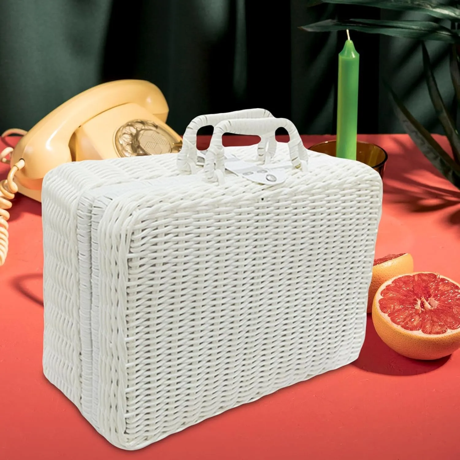 Picnic Basket,Rattan Suitcase Box, Lunch Box,Vintage Rattan Handbag for Nursery, Baby Closet, Diaper,Toys, White, L