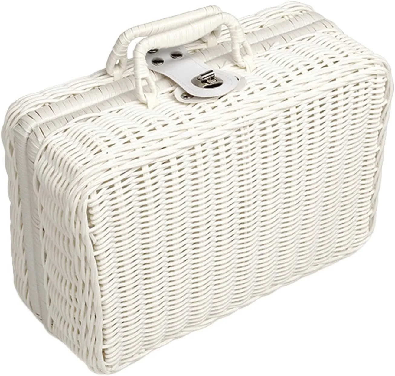 Picnic Basket,Rattan Suitcase Box, Lunch Box,Vintage Rattan Handbag for Nursery, Baby Closet, Diaper,Toys, White, L