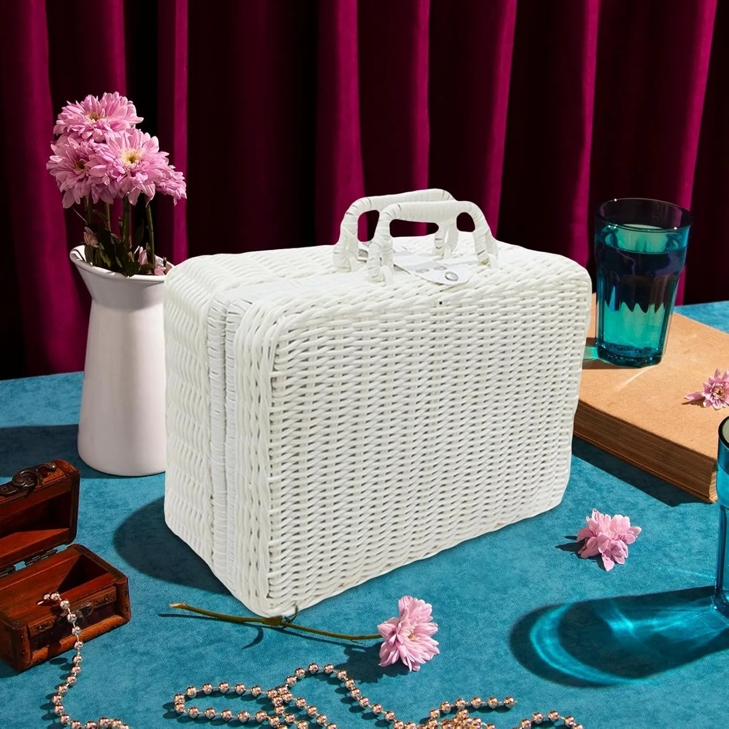 Picnic Basket,Rattan Suitcase Box, Lunch Box,Vintage Rattan Handbag for Nursery, Baby Closet, Diaper,Toys, White, L