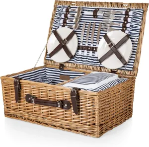 PICNIC TIME Belmont Picnic Basket for 4 - Wicker Picnic Baskets - 4 Person Picnic Set, Navy Blue & White Stripes