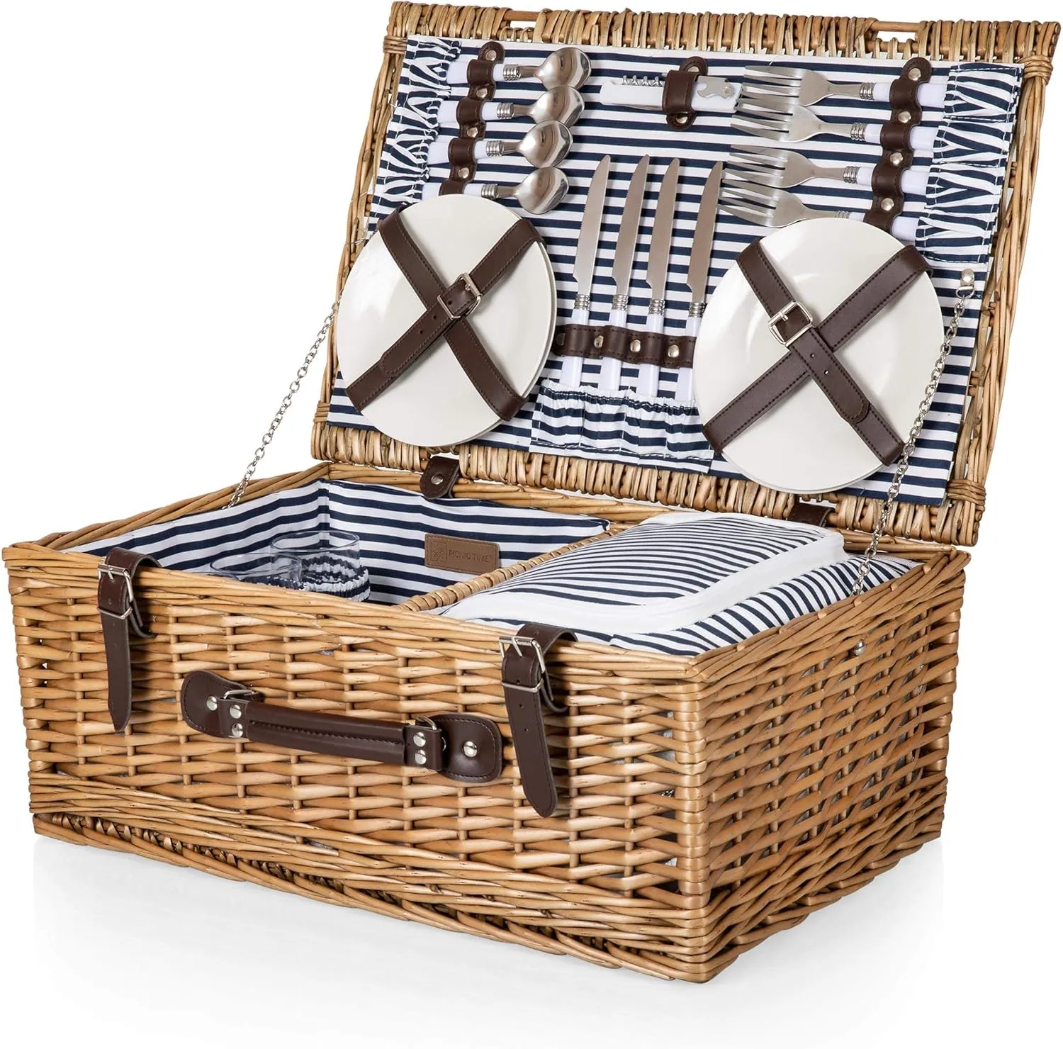 PICNIC TIME Belmont Picnic Basket for 4 - Wicker Picnic Baskets - 4 Person Picnic Set, Navy Blue & White Stripes