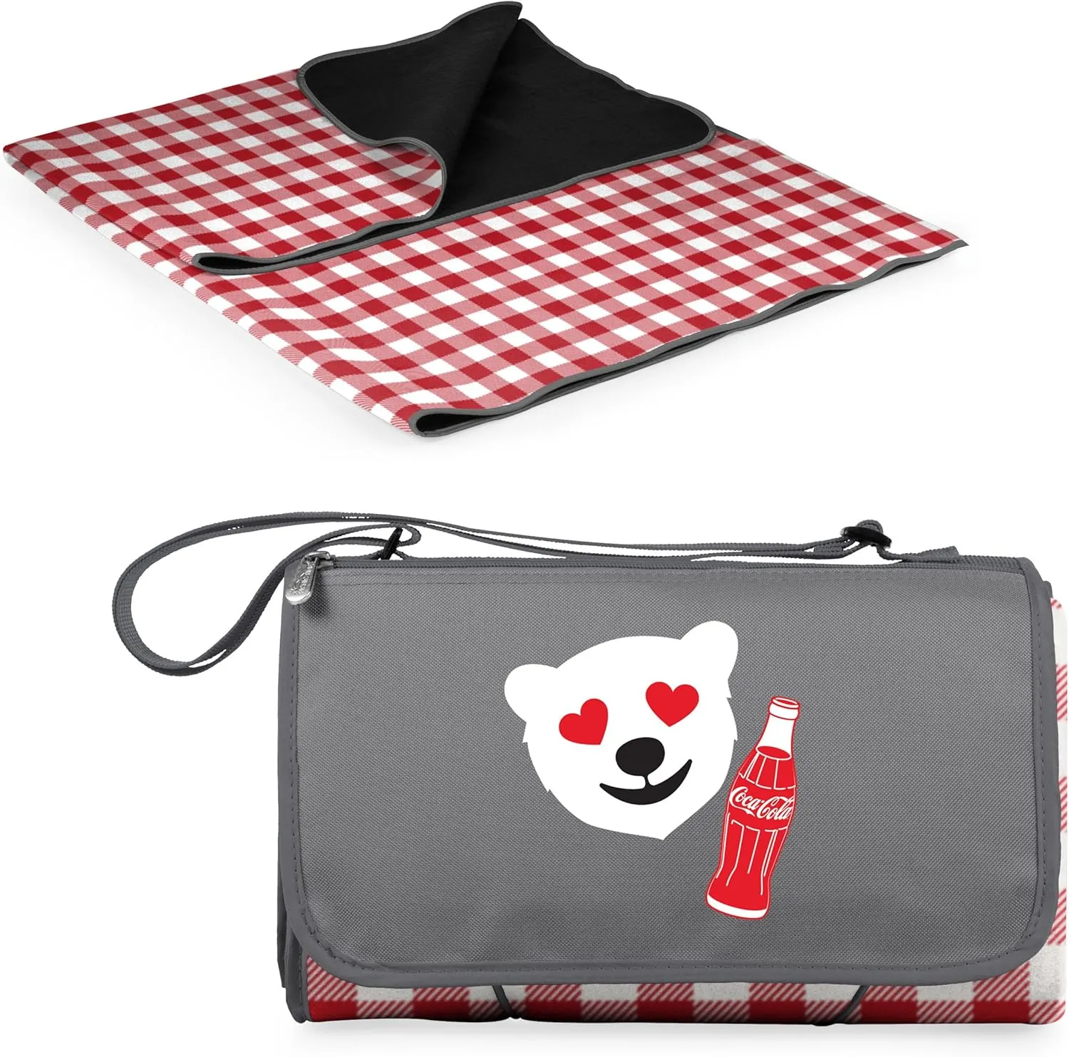 PICNIC TIME Coca-Cola Emoji Blanket Tote Outdoor Picnic Blanket, Beach Blanket, Camping Blanket, (Red & White Gingham Pattern with Gray Flap)