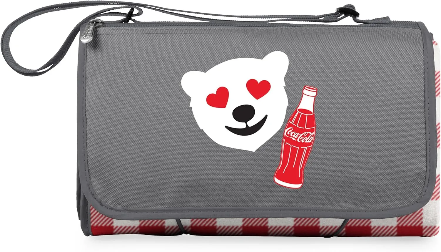 PICNIC TIME Coca-Cola Emoji Blanket Tote Outdoor Picnic Blanket, Beach Blanket, Camping Blanket, (Red & White Gingham Pattern with Gray Flap)