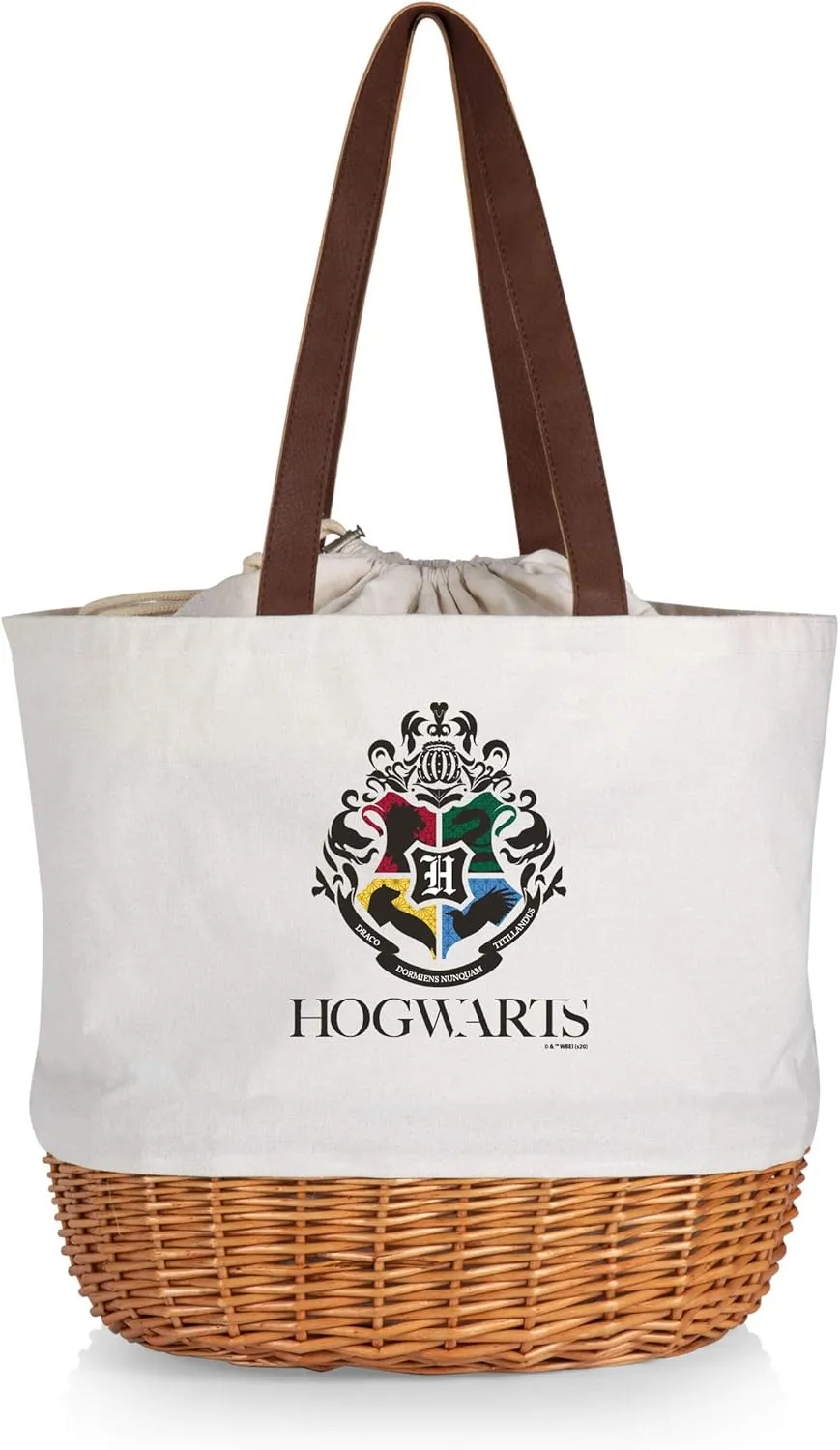 PICNIC TIME Harry Potter Hogwarts Coronado Canvas and Willow Basket Tote, Picnic Tote Bag, Beach Tote, (Beige Canvas) 14.17 x 11.42 x 13.4