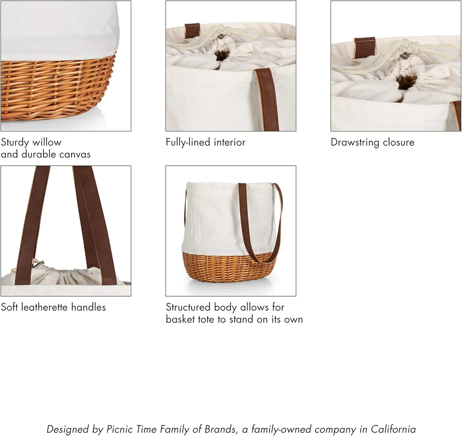 PICNIC TIME NHL Coronado Canvas and Willow Basket, Picnic Bag, Beach Tote