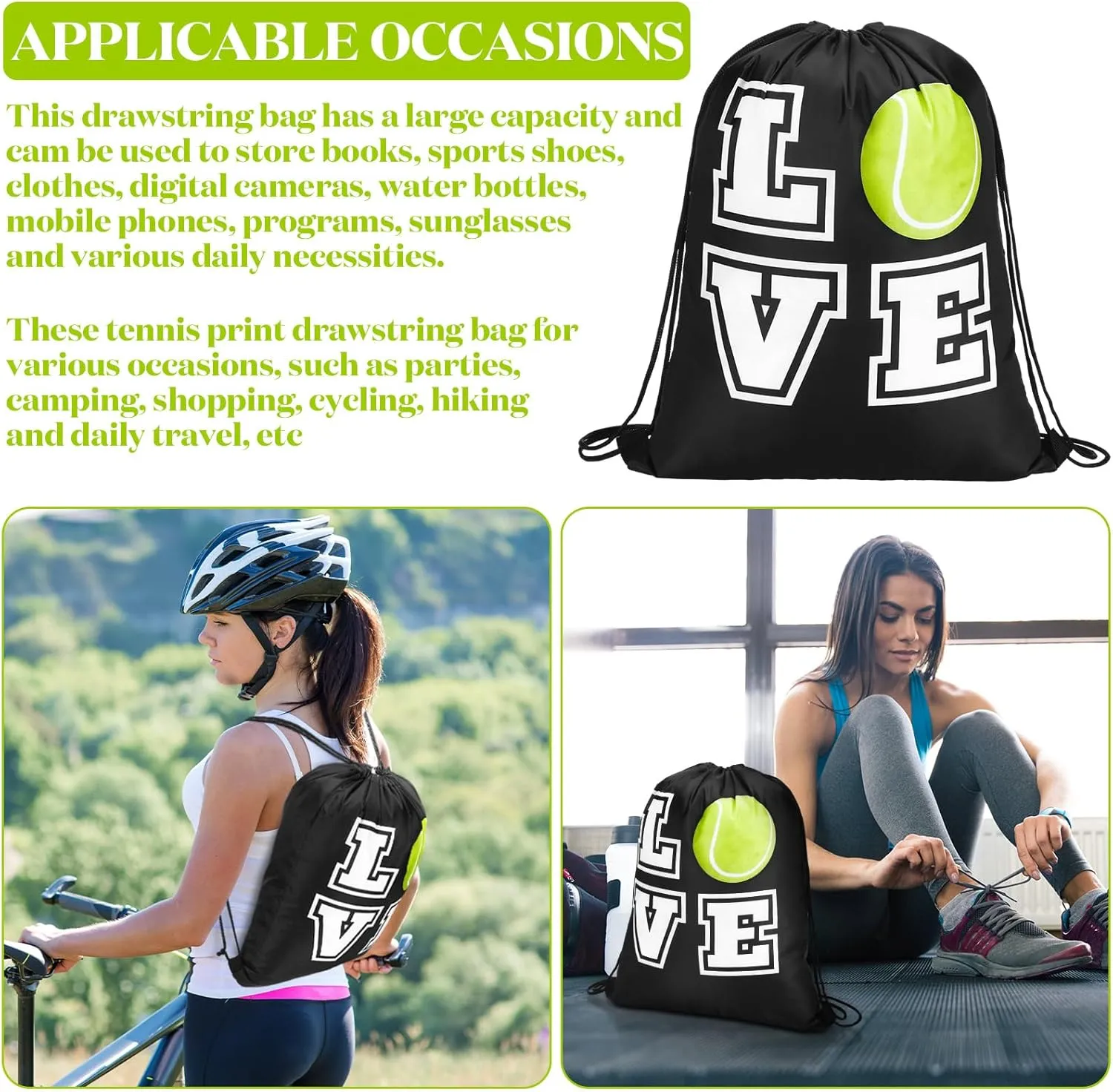 Pinkunn 20 Pcs Tennis Party Favor Bag Tennis Backpack Sport Drawstring Bag for Team Group Teacher Gift(17 Inch,Black)